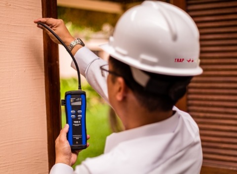 TRAP pest control expert inspecting for termite using a special tool